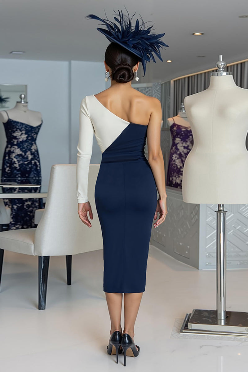 Load image into Gallery viewer, Black and White One Shoulder Bodycon Midi Mother of the Bride Dress with Sleeves