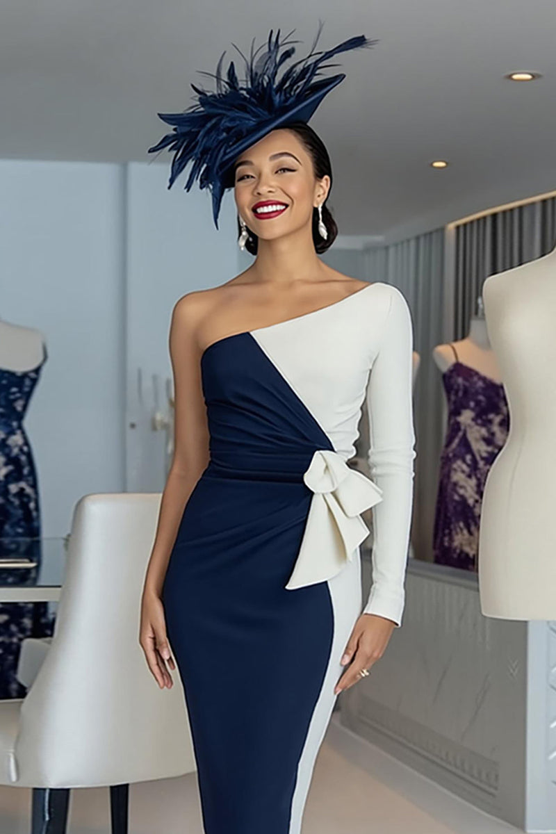 Load image into Gallery viewer, Black and White One Shoulder Bodycon Midi Mother of the Bride Dress with Sleeves