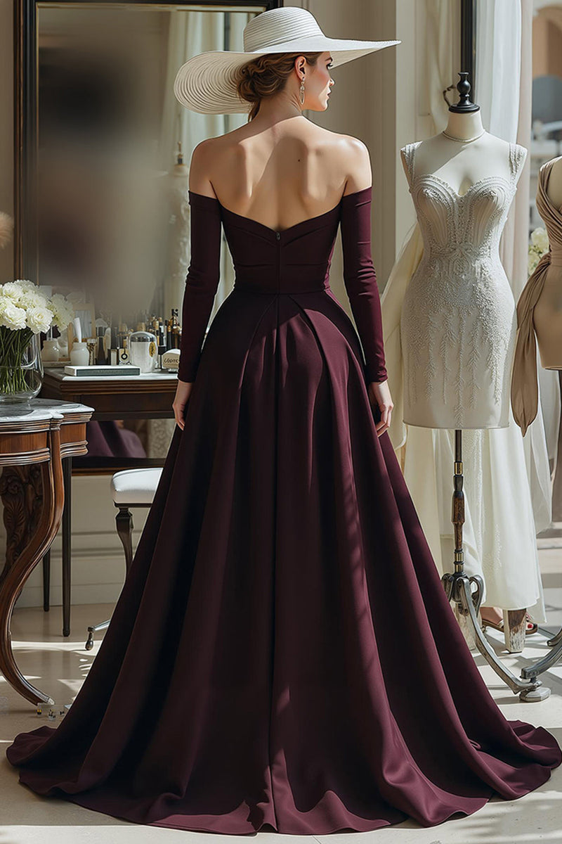 Load image into Gallery viewer, Cabernet A Line Off the Shoulder Satin Long Sleeves Mother of the Bride Dress