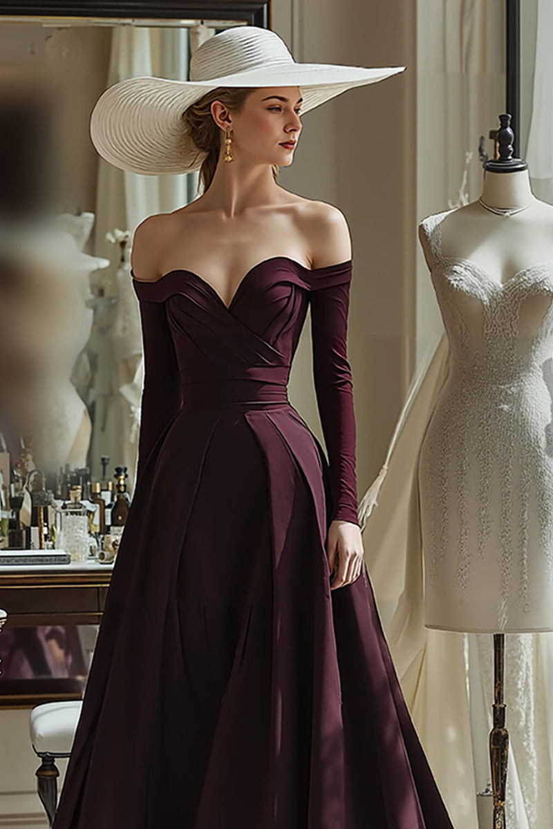 off the shoulder long sleeve mother of the bride dress Queendancer Women Cabernet Long Sleeves Mother of the Bride Dress A Line  Satin Off the Shoulder Backless Sweetheart Wedding Guest Dress –  queendanceruk