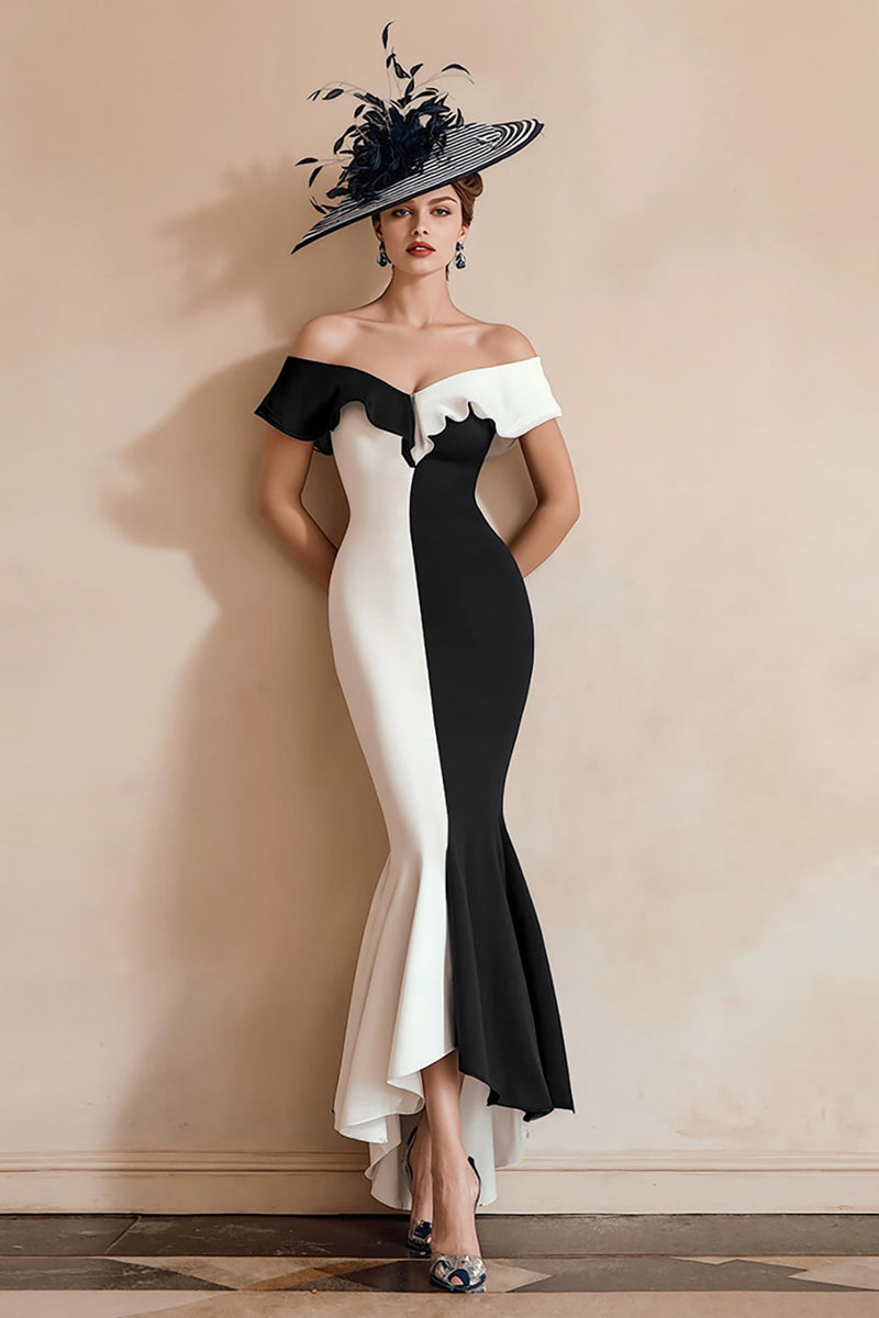 Load image into Gallery viewer, Black and White Off the Shoulder Mermaid Midi Mother of the Bride Dress