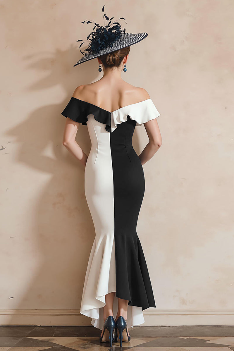 Load image into Gallery viewer, Black and White Off the Shoulder Mermaid Midi Mother of the Bride Dress