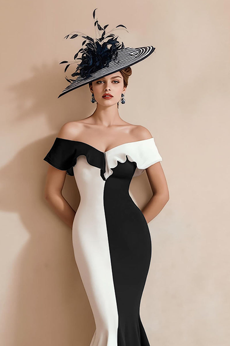 Load image into Gallery viewer, Black and White Off the Shoulder Mermaid Midi Mother of the Bride Dress