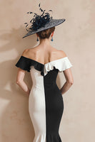 Load image into Gallery viewer, Black and White Off the Shoulder Mermaid Midi Mother of the Bride Dress
