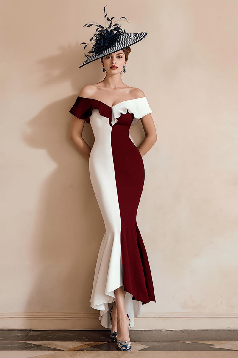 Load image into Gallery viewer, Black and White Off the Shoulder Mermaid Midi Mother of the Bride Dress