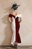 Load image into Gallery viewer, Black and White Off the Shoulder Mermaid Midi Mother of the Bride Dress