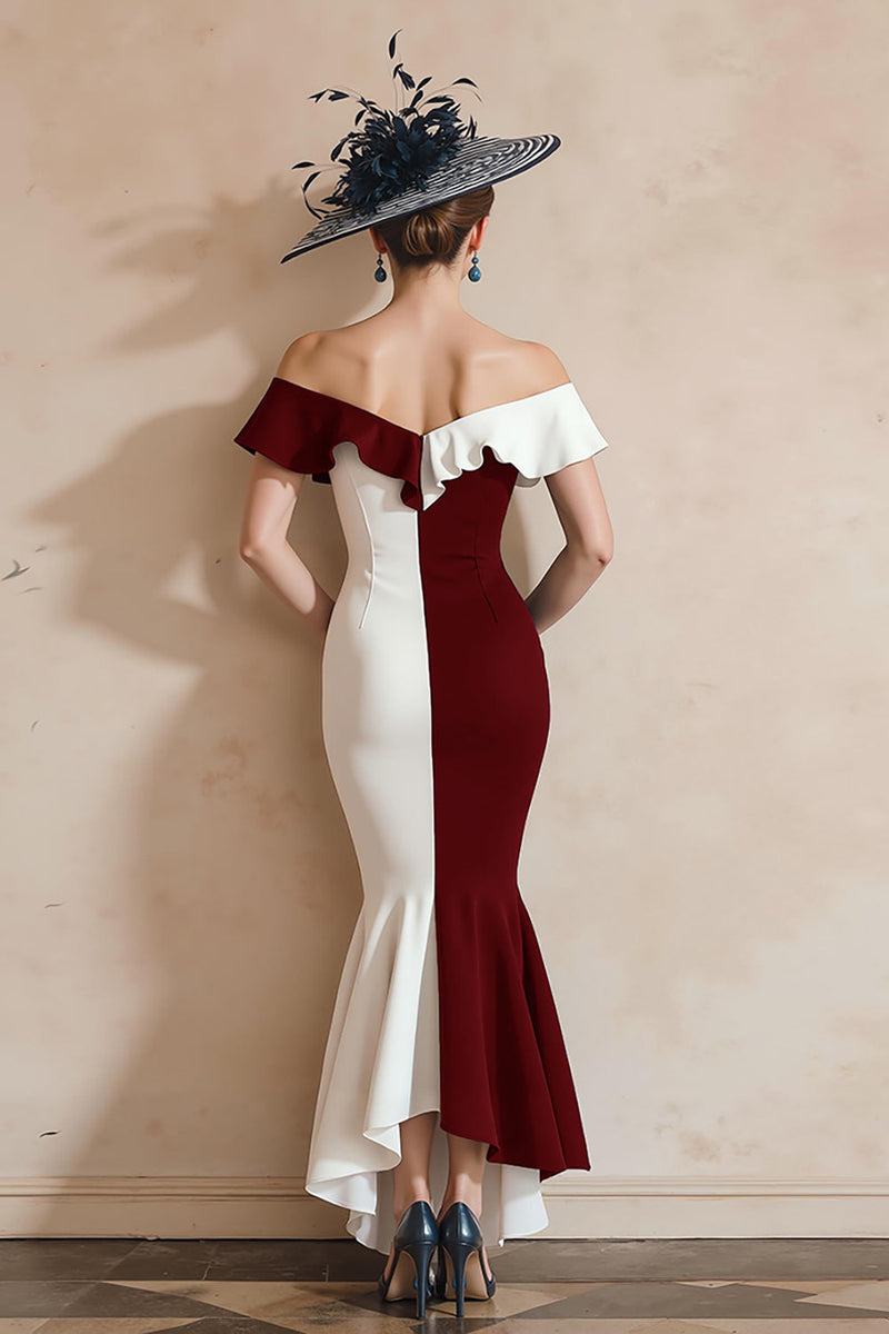 Load image into Gallery viewer, Black and White Off the Shoulder Mermaid Midi Mother of the Bride Dress