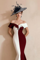 Load image into Gallery viewer, Black and White Off the Shoulder Mermaid Midi Mother of the Bride Dress