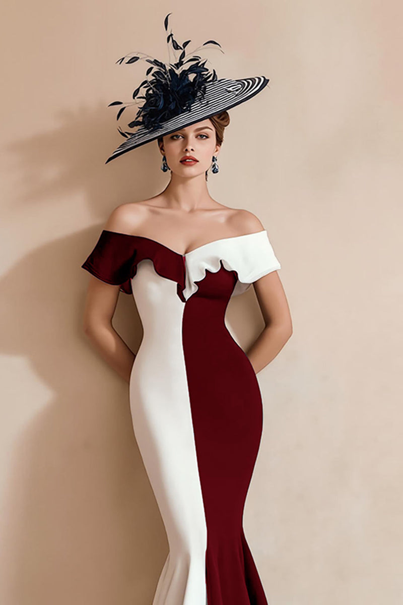 Load image into Gallery viewer, Black and White Off the Shoulder Mermaid Midi Mother of the Bride Dress