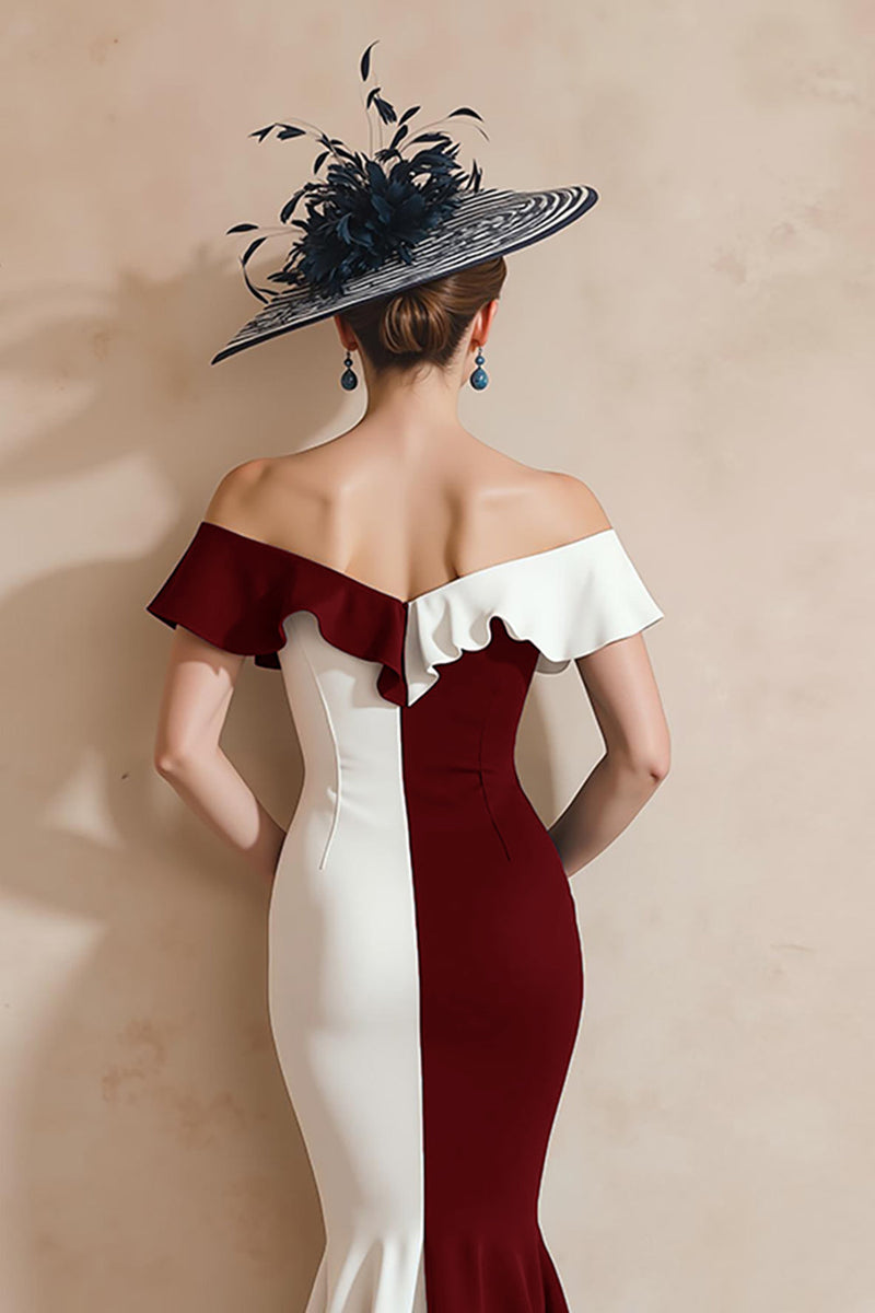 Load image into Gallery viewer, Black and White Off the Shoulder Mermaid Midi Mother of the Bride Dress