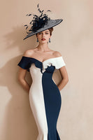 Load image into Gallery viewer, Black and White Off the Shoulder Mermaid Midi Mother of the Bride Dress