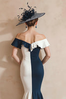 Load image into Gallery viewer, Black and White Off the Shoulder Mermaid Midi Mother of the Bride Dress