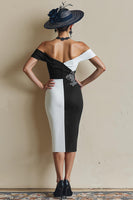 Load image into Gallery viewer, Black and White Bodycon Off the Shoulder Midi Mother of the Bride Dress