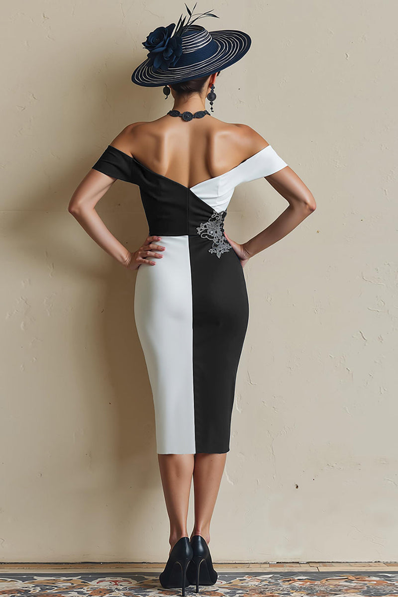Load image into Gallery viewer, Black and White Bodycon Off the Shoulder Midi Mother of the Bride Dress