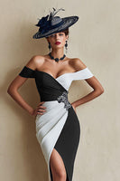 Load image into Gallery viewer, Black and White Bodycon Off the Shoulder Midi Mother of the Bride Dress