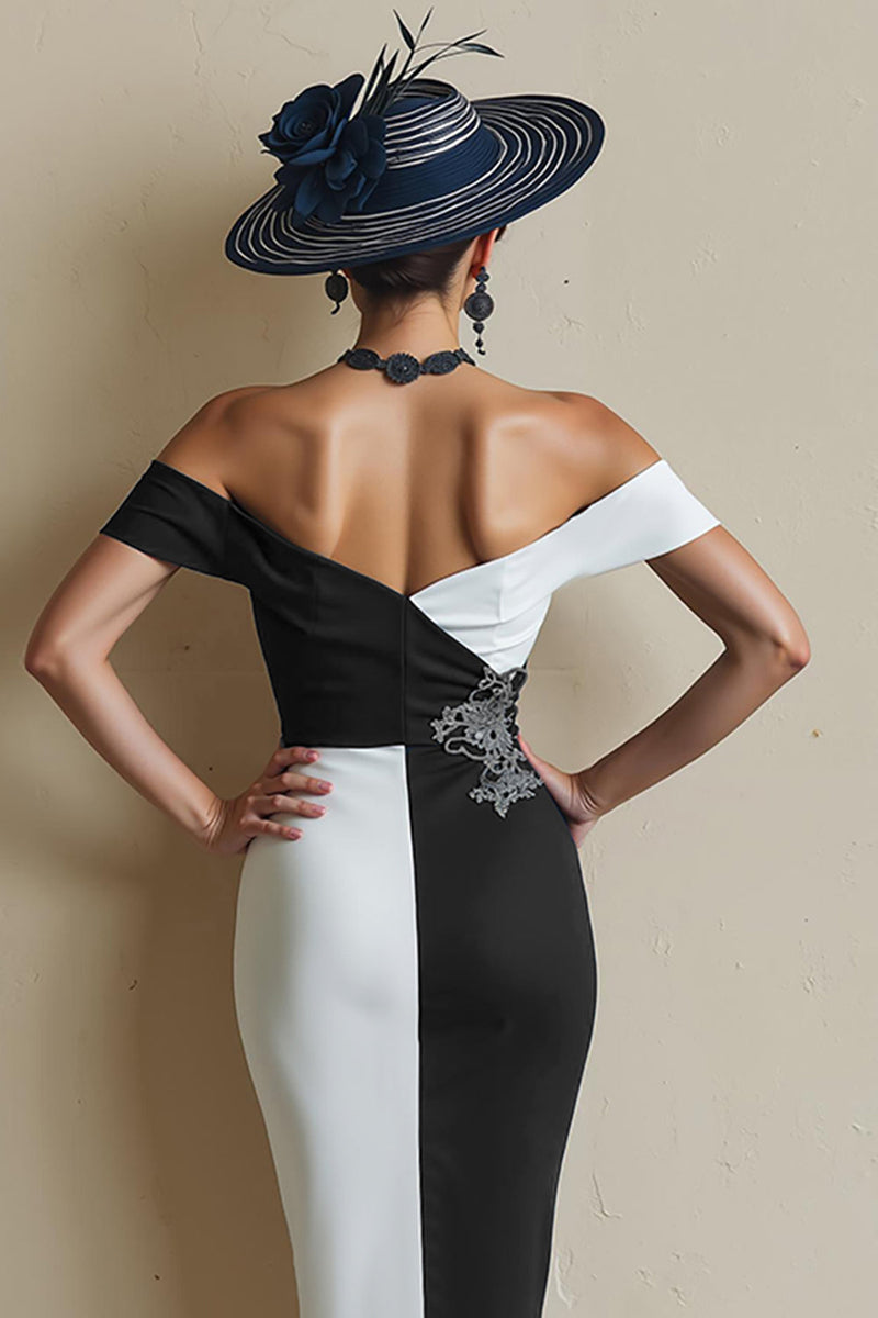 Load image into Gallery viewer, Black and White Bodycon Off the Shoulder Midi Mother of the Bride Dress