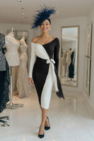 Load image into Gallery viewer, One Shoulder Black and White Midi Mother of the Bride Dress with Sash