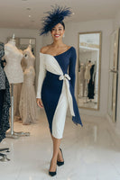 Load image into Gallery viewer, One Shoulder Black and White Midi Mother of the Bride Dress with Sash