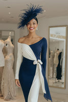 Load image into Gallery viewer, One Shoulder Black and White Midi Mother of the Bride Dress with Sash