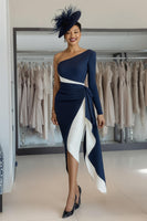 Load image into Gallery viewer, White Navy Satin One Shoulder Midi Mother of the Bride Dress with Side Cape