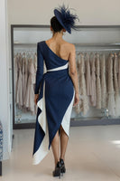 Load image into Gallery viewer, White Navy Satin One Shoulder Midi Mother of the Bride Dress with Side Cape