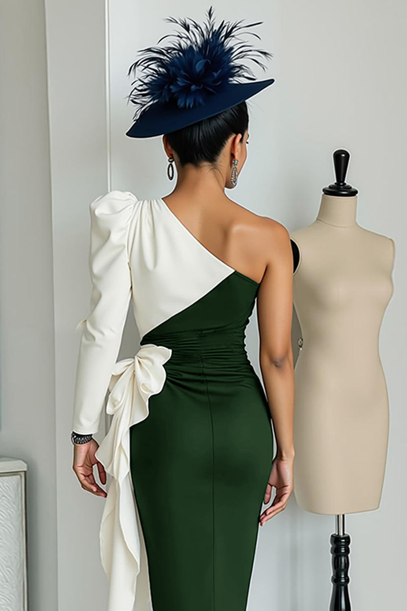 Load image into Gallery viewer, Black and White One Shoulder Patchwork Midi Mother of the Bride Dress with Sleeves