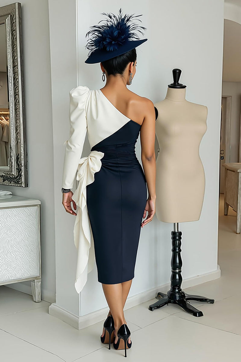 Load image into Gallery viewer, Black and White One Shoulder Patchwork Midi Mother of the Bride Dress with Sleeves