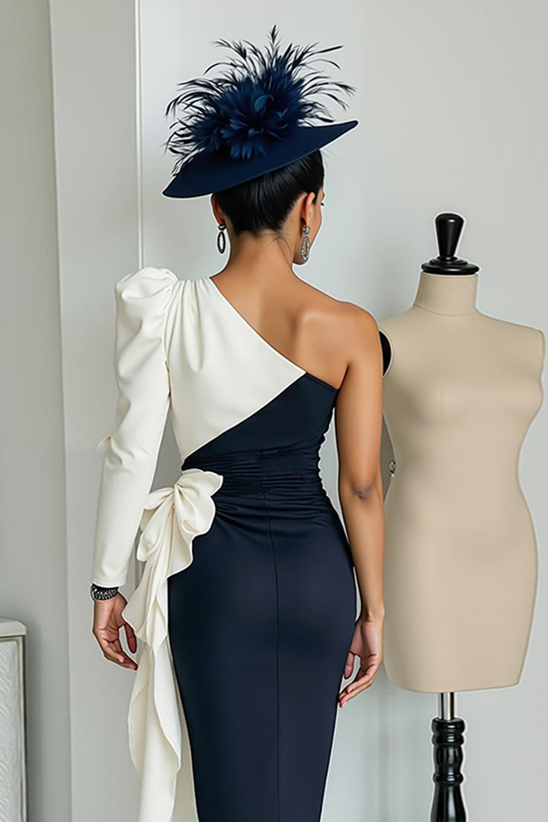 Load image into Gallery viewer, Black and White One Shoulder Patchwork Midi Mother of the Bride Dress with Sleeves