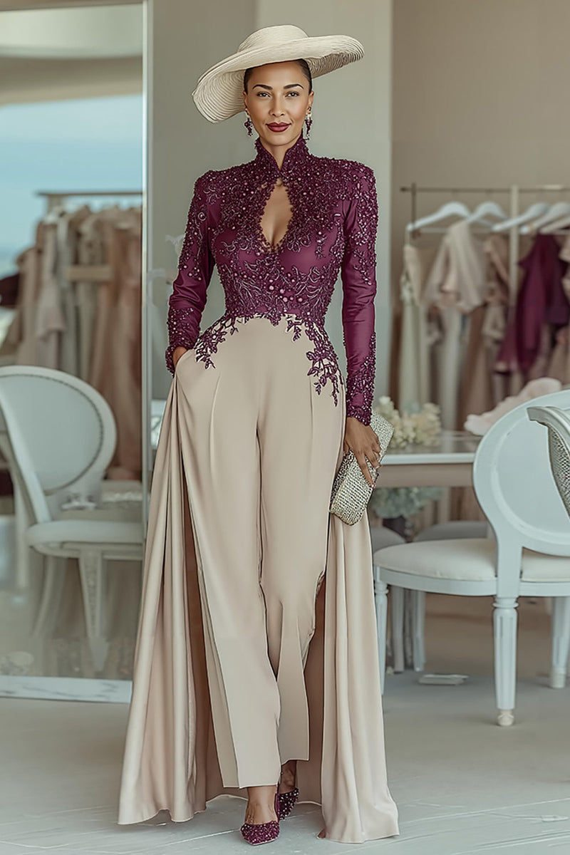 Load image into Gallery viewer, Purple Apricot High Neck Lace Long Sleeves Mother of the Bride Jumpsuits