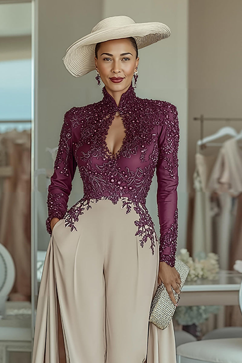 Load image into Gallery viewer, Purple Apricot High Neck Lace Long Sleeves Mother of the Bride Jumpsuits