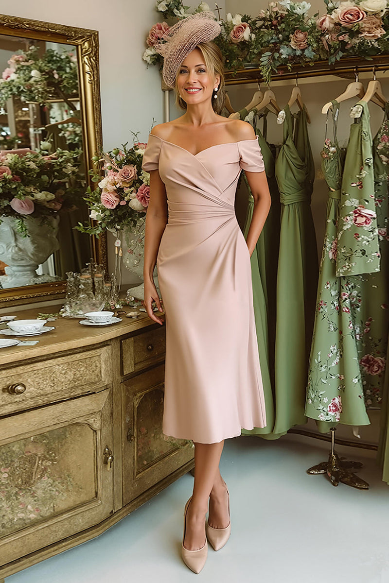 Load image into Gallery viewer, Dusty Rose Satin Off the Shoulder Ruched Midi Mother of the Bride Dress