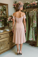 Load image into Gallery viewer, Dusty Rose Satin Off the Shoulder Ruched Midi Mother of the Bride Dress