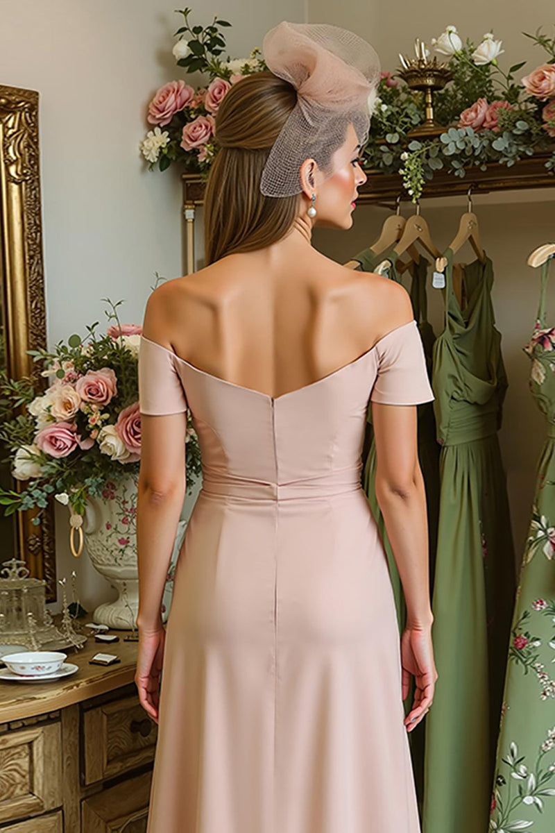 Load image into Gallery viewer, Dusty Rose Satin Off the Shoulder Ruched Midi Mother of the Bride Dress