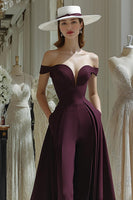 Load image into Gallery viewer, Cabernet A Line Off the Shoulder Satin Long Mother of the Bride Jumpsuits