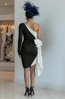 Load image into Gallery viewer, Black and White One Shoulder Ruched Midi Mother of the Bride Dress with Bow