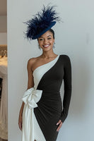 Load image into Gallery viewer, Black and White One Shoulder Ruched Midi Mother of the Bride Dress with Bow