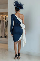 Load image into Gallery viewer, Black and White One Shoulder Ruched Midi Mother of the Bride Dress with Bow