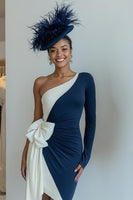 Load image into Gallery viewer, Black and White One Shoulder Ruched Midi Mother of the Bride Dress with Bow