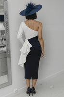 Load image into Gallery viewer, Black and White Sheath One Shoulder Midi Mother of the Bride Dress with Ruffles