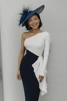 Load image into Gallery viewer, Black and White Sheath One Shoulder Midi Mother of the Bride Dress with Ruffles
