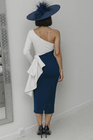Load image into Gallery viewer, Black and White Sheath One Shoulder Midi Mother of the Bride Dress with Ruffles