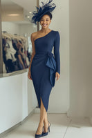 Load image into Gallery viewer, Navy Draped One Shoulder Sheath Midi Mother of the Bride Dress
