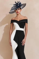 Load image into Gallery viewer, Black and White Off the Shoulder Ruffled Mermaid Long Mother of the Bride Dress
