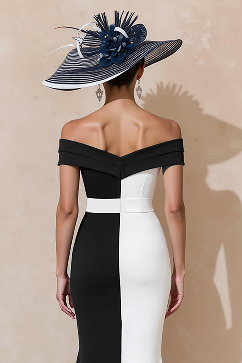 Load image into Gallery viewer, Black and White Off the Shoulder Ruffled Mermaid Long Mother of the Bride Dress