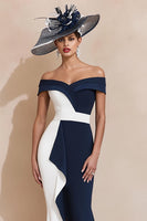 Load image into Gallery viewer, Black and White Off the Shoulder Ruffled Mermaid Long Mother of the Bride Dress