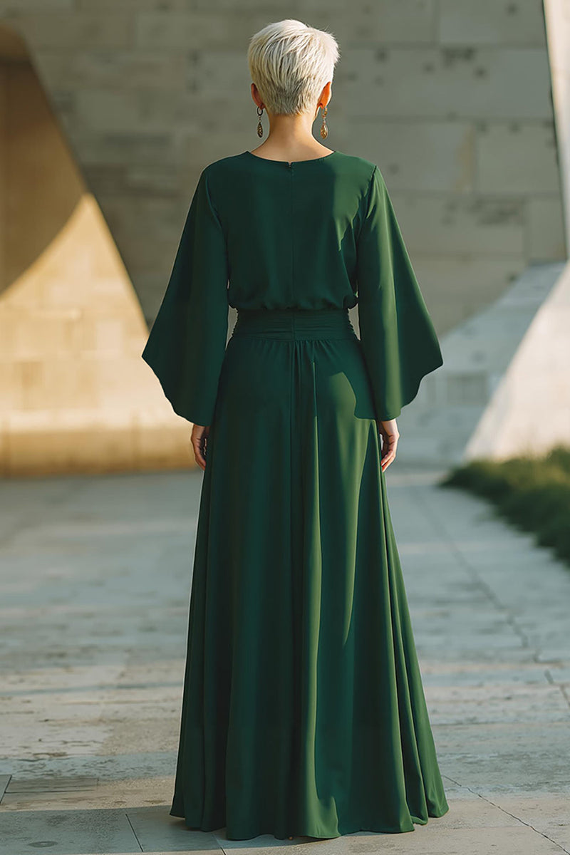 Load image into Gallery viewer, Dark Green Round Neck Flowy Long Mother of the Bride Dress with Pockets