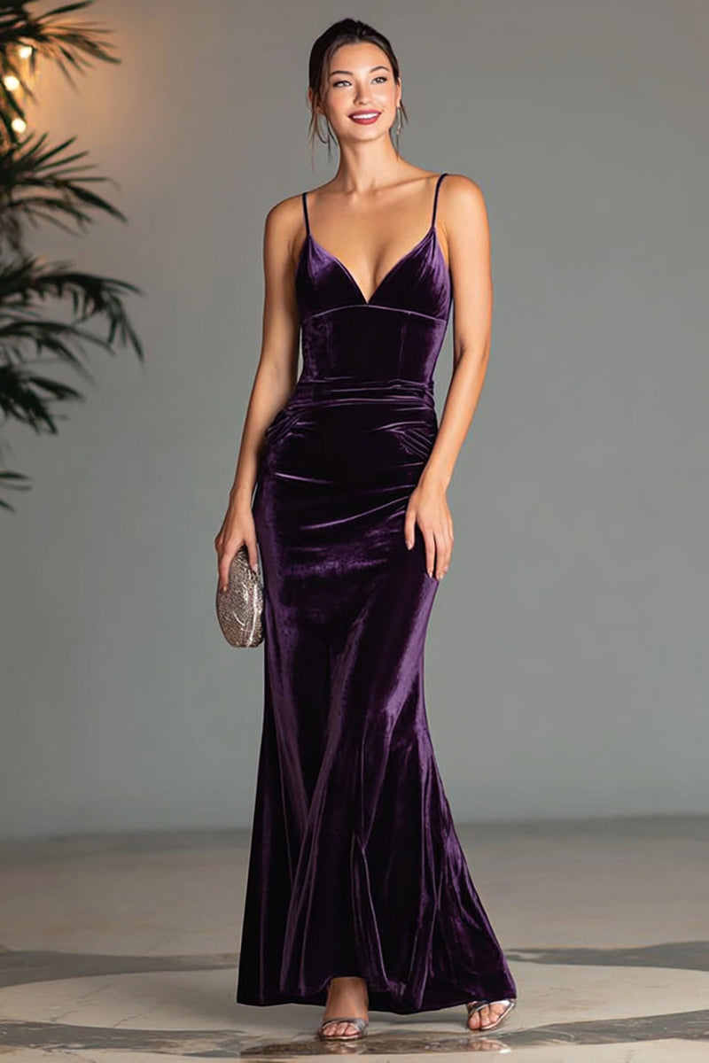 Load image into Gallery viewer, Purple Velvet Spaghetti Straps Mermaid Long Holiday Party Dress