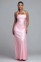 Load image into Gallery viewer, Simple Pink Satin Halter Mermaid Long Formal Dress