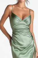 Load image into Gallery viewer, Sage Green Satin Spaghetti Straps Mermaid Long Formal Dress with Slit