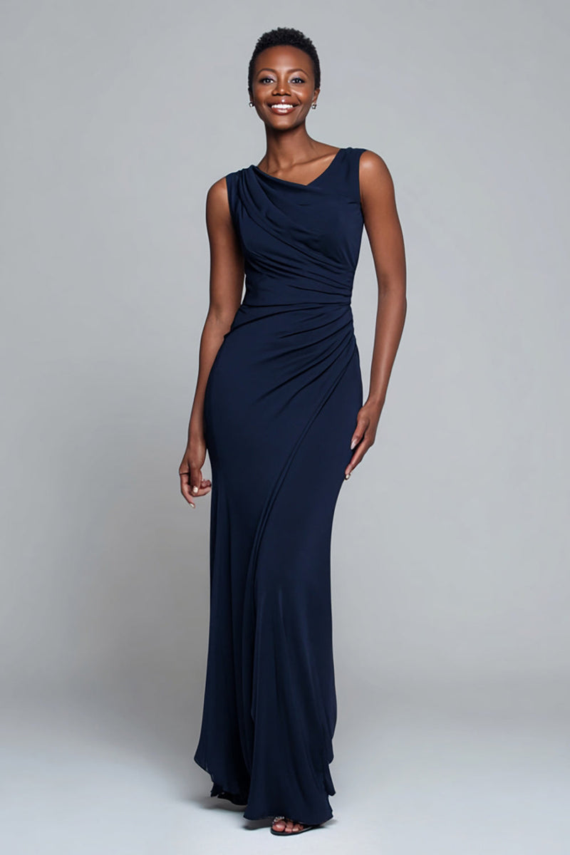 Load image into Gallery viewer, Simple Navy Mermaid V-Neck Ruched Long Formal Dress